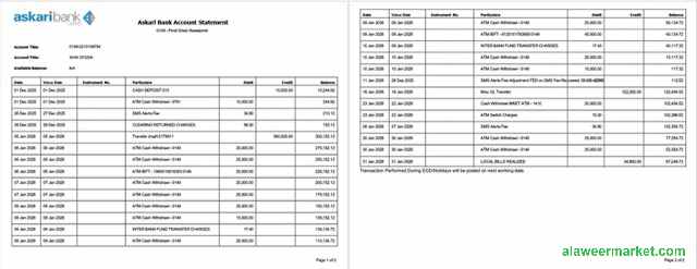 Pakistan Askari Bank account statement Word and PDF template, 2 pages